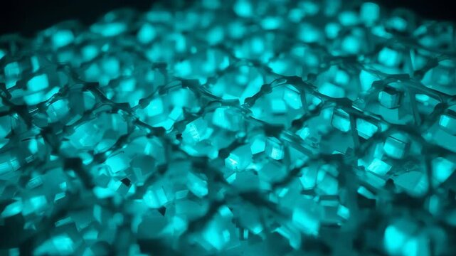 Focus shifting, camera pulling revealing faceted beads shimmering in dark studio with teal LED glow