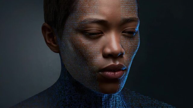 Tilting woman in turtleneck as blue code projecting on right face in studio, blending skin texture