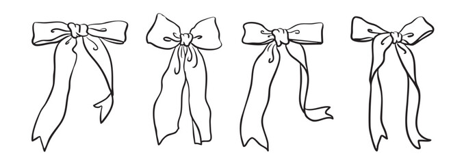 Hand drawn bow of coquette soft style. Cute ribbon bow collection vector	