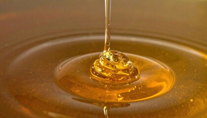 Golden organic honey flowing down in a thick swirl, close-up macro shot with ample copy space for natural food product and sweetness concept.