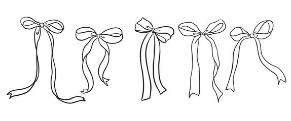 Set of cute bow clip art collection. Hand drawn coquette bow style line art