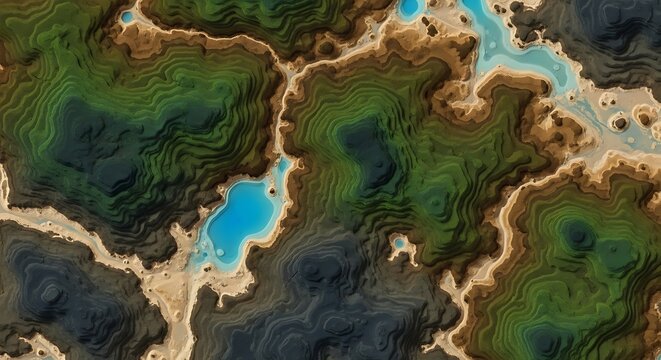 Topographic visualization displays contoured terrain with vibrant blue water bodies