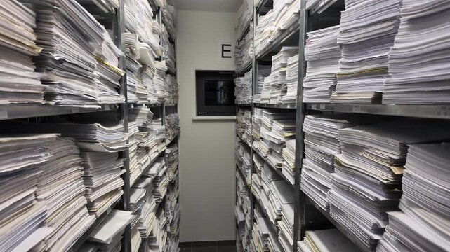 A narrow archive room filled with tall metal shelving units stacked with thousands of paper documents and files, creating dense rows of records on both sides.