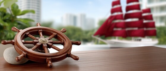 Close-up view of wooden ships wheel on deck with sailing yacht featuring red sails in background during sunny day by the water