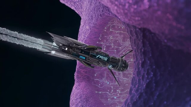 Detecting purple cavity, probe aligning and entering cavity in void with exhaust to study circuitry