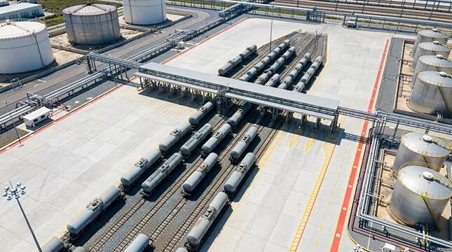 Aerial view of industrial train yard with tank cars at a logistics hub aerial drone train yard, railway.
