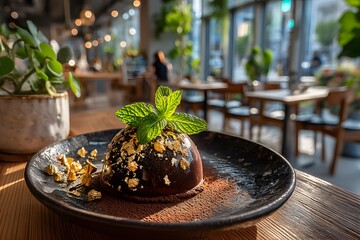 Gourmet chocolate mousse dome with gold leaf and mint in sunny upscale restaurant
