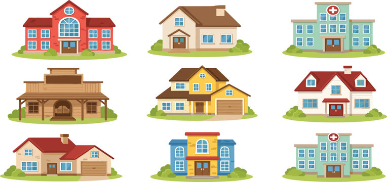 Cartoon Set of Diverse Residential Houses and Public Buildings Including Hospital School and Villa for Real Estate Neighborhood Property and City Vector Illustration
