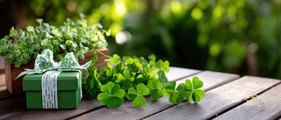 Wooden podium with green shamrock decoration and gift box for St. Patrick's Day product display area