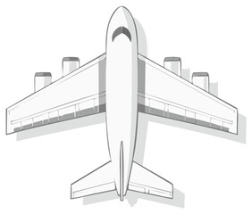 Top view illustration of a large white commercial airplane with four engines and wide wings extended