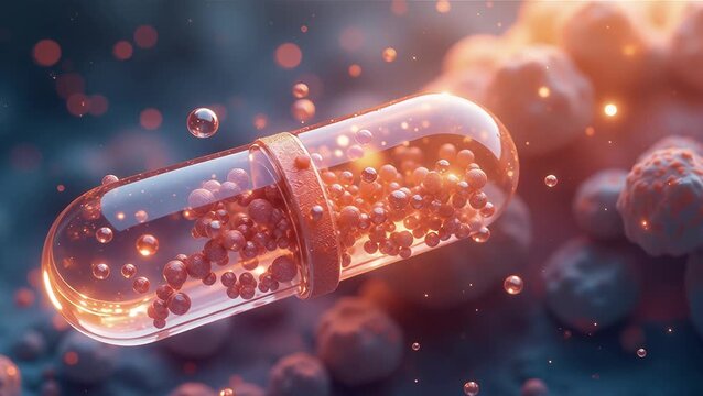 Close-Up of a Transparent Capsule Surrounded by Glowing Particles in a Scientific Environment