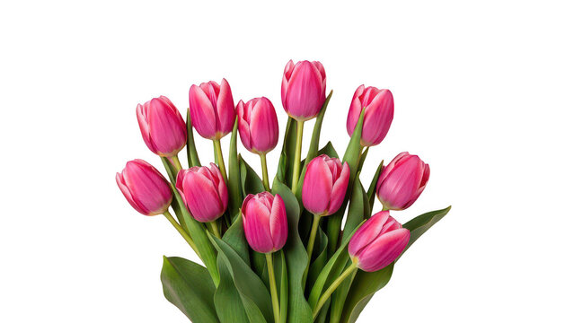 A vibrant bouquet of pink tulips with lush green stems on transparent background