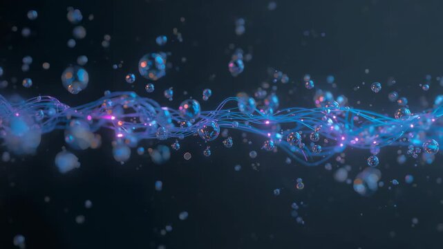 Playback starting, filament oscillating in dark space, pulsing magenta nodes, drifting spheres