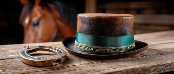 Celebration of St. Patrick's Day with pot of gold, green hat, horseshoe and rainbow in the background on a table