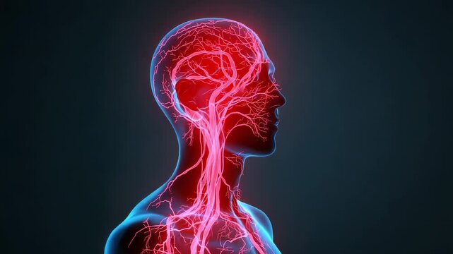 Frame sequence starting clear silhouette pulsing cranial vessels on dark canvas, showing blood flow