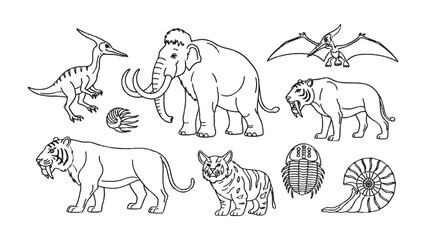 Prehistoric Creatures: An illustrated collection showcases a variety of ancient animals, each meticulously depicted with a focus on detail and educational representation. © AJM