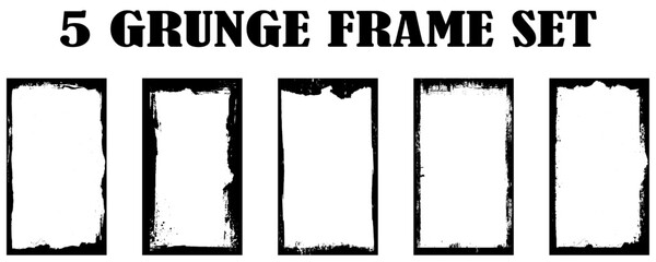 Black frames with worn paper effect on white background. Textured rectangles with old, grunge, grainy, vintage, worn, dust effect. Simple object mockup. Realistic vector illustrations set.