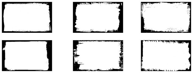Vector grunge frames set. Scratchy eroded edge vintage border. Rough distressed texture, cracks, dirt. Black brush stroke marks. Old grungy punk poster element. 