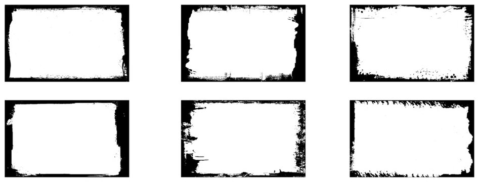 Vector grunge frames set. Scratchy eroded edge vintage border. Rough distressed texture, cracks, dirt. Black brush stroke marks. Old grungy punk poster element. 