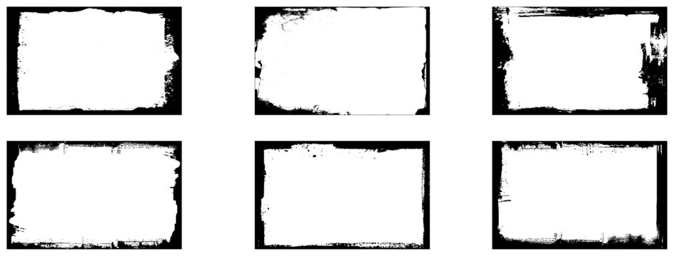 Vector grunge frames set. Scratchy eroded edge vintage border. Rough distressed texture, cracks, dirt. Black brush stroke marks. Old grungy punk poster element. 