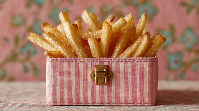 Stylish Box of Golden Dutch Fries in Pink and White Striped Fabric Case &ndash; Pastel Party Food with Copy Space