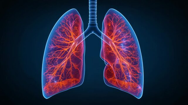 Pulsing 3D trachea with left and right lungs showing airway vessels on dark backdrop, purple nodes