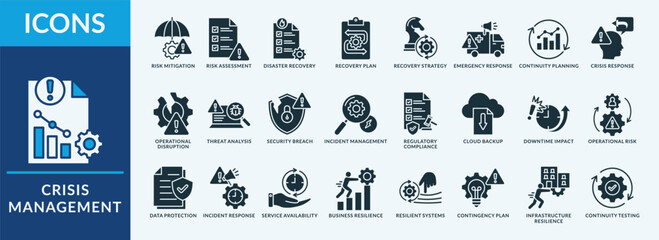 Crisis management - Icon Collection. Thin Glyph Solid Set contains such Icons as disaster recovery, data backup, risk assessment and more. Simple web icons set