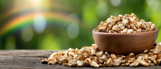 Celebrate St. Patrick's Day with a pot of gold, leprechaun hat, and rainbow on a wooden table, perfect for a festive banner design in green