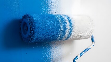 Close up of a blue paint roller with wet paint residue on a white surface