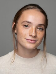 Portrait of a young woman with freckles and braids.