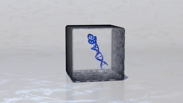 3D animation DNA helixes encased in ice cubes. This ethereal rendering evokes cryogenics and genetic preservation, suggesting life&rsquo;s blueprint frozen within a futuristic, crystalline environment.	