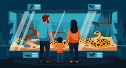 Fotobehang Zoo Vibrant vector illustration depicting a family, a mother, father, and child, observing fascinating snakes and lizards in a modern zoo reptile exhibit  © PDWN Creative
