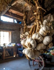 A rustic scene of garlic bunches hanging in a dimly lit barn