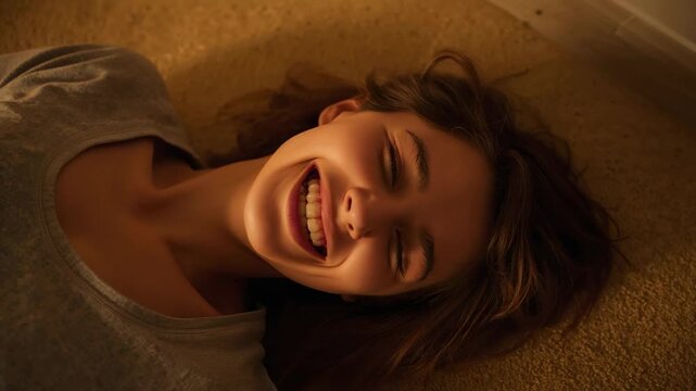 Smiling adolescent female lying on carpet near baseboard in grey T-shirt, laughing at camera