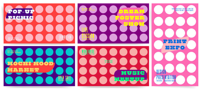 Abstract Poster Design Set for Exhibition and Events, Colorful Circle Pattern Vector Background. Modern graphic art cover templates for banner brochure sale, vertical geometric flyers with typography 