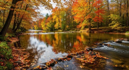 Obraz premium Autumn Reflections - Serene River Scene with Vibrant Fall Foliage.