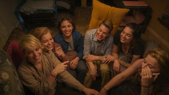 Laughing six teens reacting to offscreen voice in living room in casual clothes, holding smartphone