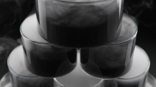stack of glass cups with smoke rising up in a dark background for commercial and editorial use