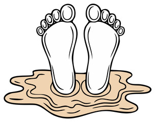Obraz premium Cartoon illustration of bare feet standing in a puddle of wet mud or sand