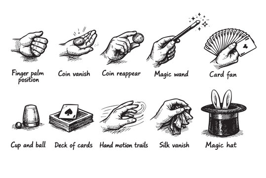 Hand-drawn illustration shows classic magic tricks like coin vanish, card fan, magic wand, cup and ball, and a hat with rabbit ears. For entertainment, creativity, and education.