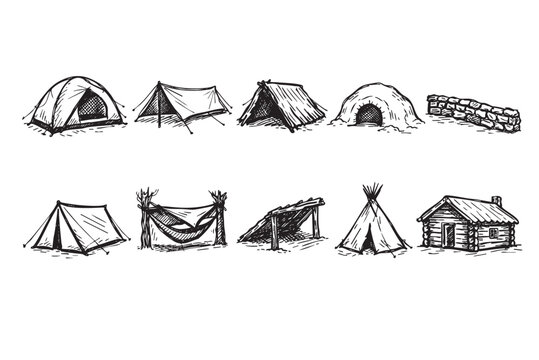 Hand-drawn vector illustration depicts various camping structures, including different tent styles, a hammock, lean-to shelter, teepee, and a small log cabin, all in a sketchy, illustrative style.