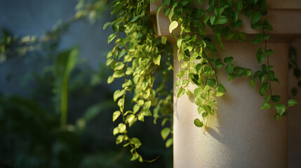 A close-up of a concrete pillar featuring a vibrant trailing plant, illustrating the harmony between man-made structures and the natural world, ideal for concepts surrounding sustainability and