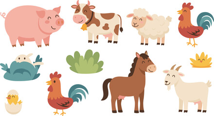 Fototapeta premium Cute Farm Animal Illustration Set Featuring Pig, Cow, Sheep, Horse, Goat, and Rooster in Flat Vector Style