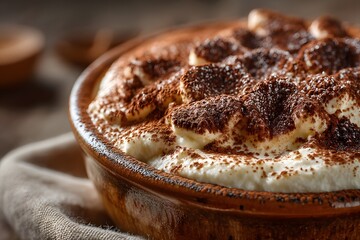 Rustic Homemade Tiramisu Served in an Earthy Ceramic Bowl with Whipped Mascarpone and Cocoa Dusting
