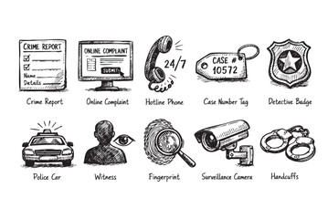 Hand drawn icons representing crime reporting, police investigation, and detective work, set against a white background, useful for illustrating justice or legal concepts.