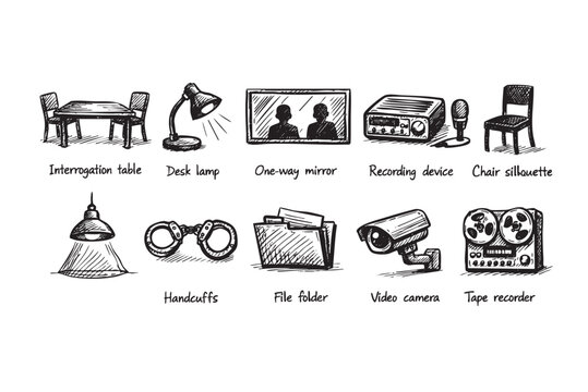 Black and white sketch of items associated with an interrogation: a table, lamp, one-way mirror, recording device, chair, handcuffs, file folder, video camera, and tape recorder.