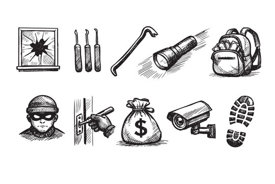 Black and white sketched illustration of burglar tools, a thief, broken window, security camera, and money bag, suitable for illustrating crime or security concepts.
