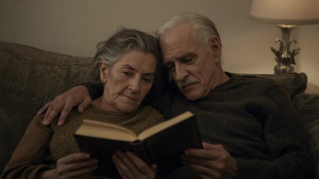 Reading senior couple opening hardcover book, sharing story on sofa at home, lamp glowing