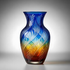 Deep Blue and Orange Sunset Gradient Glass Vase with White Frosted Feather Pattern Accents
