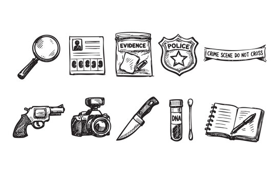 A hand-drawn sketch illustration of crime scene investigation tools, including a magnifying glass, police badge, evidence bag, gun, camera and DNA sample.